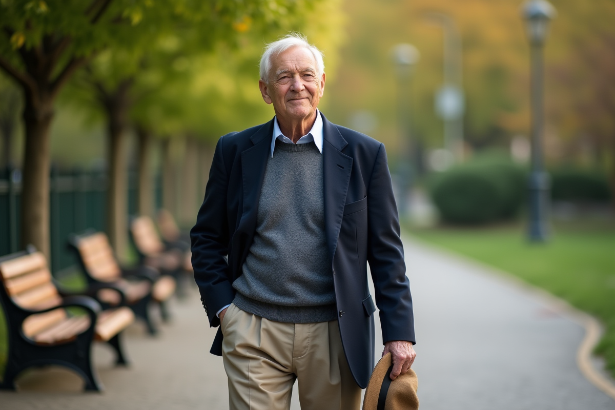 Homme de 80 ans dans un parc urbain en tenue décontractée