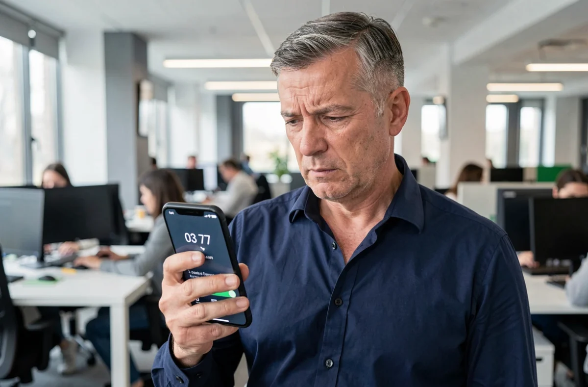 Homme en bureau regardant un appel téléphonique entrant d'un numéro 03 77 inconnu sur son smartphone