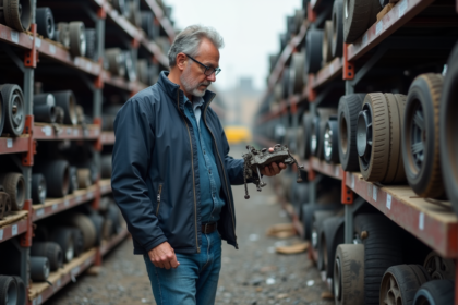 Homme d'âge moyen examine une pièce auto dans un centre de recyclage