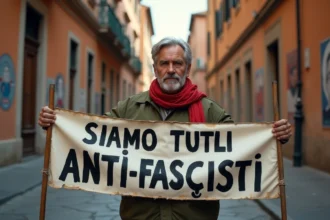 Homme italien tenant une bannière antifasciste dans une rue pavée de Rome avec des façades en terre cuite