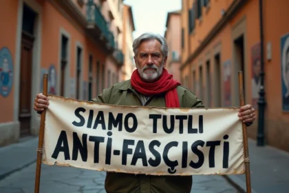 Homme italien tenant une bannière antifasciste dans une rue pavée de Rome avec des façades en terre cuite
