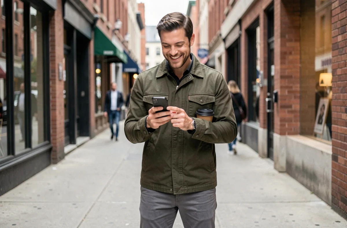 Homme souriant en lisant une blague sur son téléphone dans une rue animée de la ville