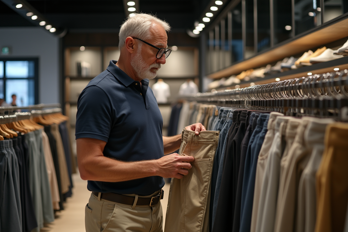 Homme regarde un pantalon dans une boutique moderne