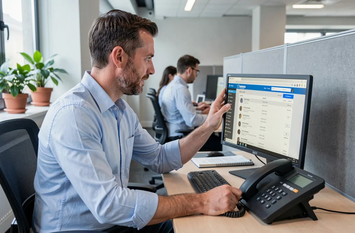 Homme au bureau consultant un annuaire en ligne et composant un numéro sur un téléphone fixe professionnel