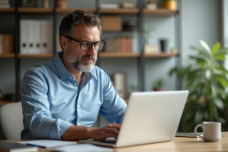 Homme d'âge moyen travaillant sur un ordinateur dans un bureau moderne