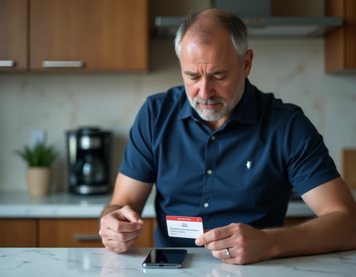 Homme examinant une carte illicado et un smartphone affichant une erreur de paiement sur Amazon