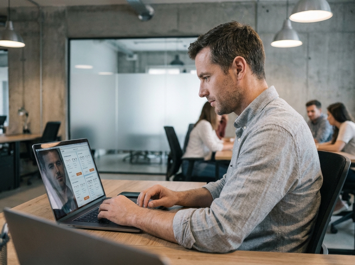 Homme comparant les services d'opticiens sur ordinateur portable dans un espace de coworking