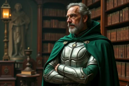 Homme en costume vert métallique et cape dans un bureau ancien