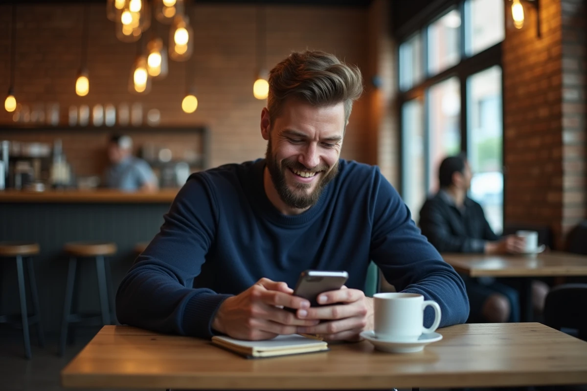 Homme souriant avec une expression dubitative en lisant un DM dans un café