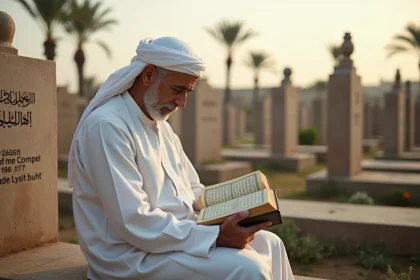 Homme âgé en djellaba lisant le Coran dans un cimetière