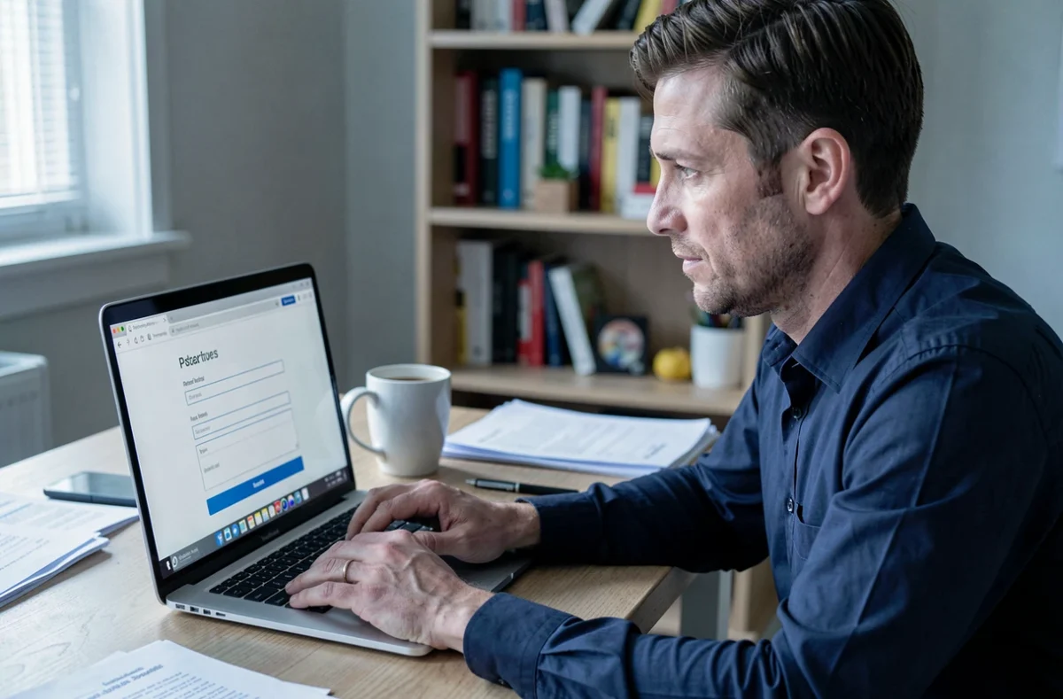 Homme remplissant un formulaire en ligne de service client Darty sur son ordinateur portable à son bureau