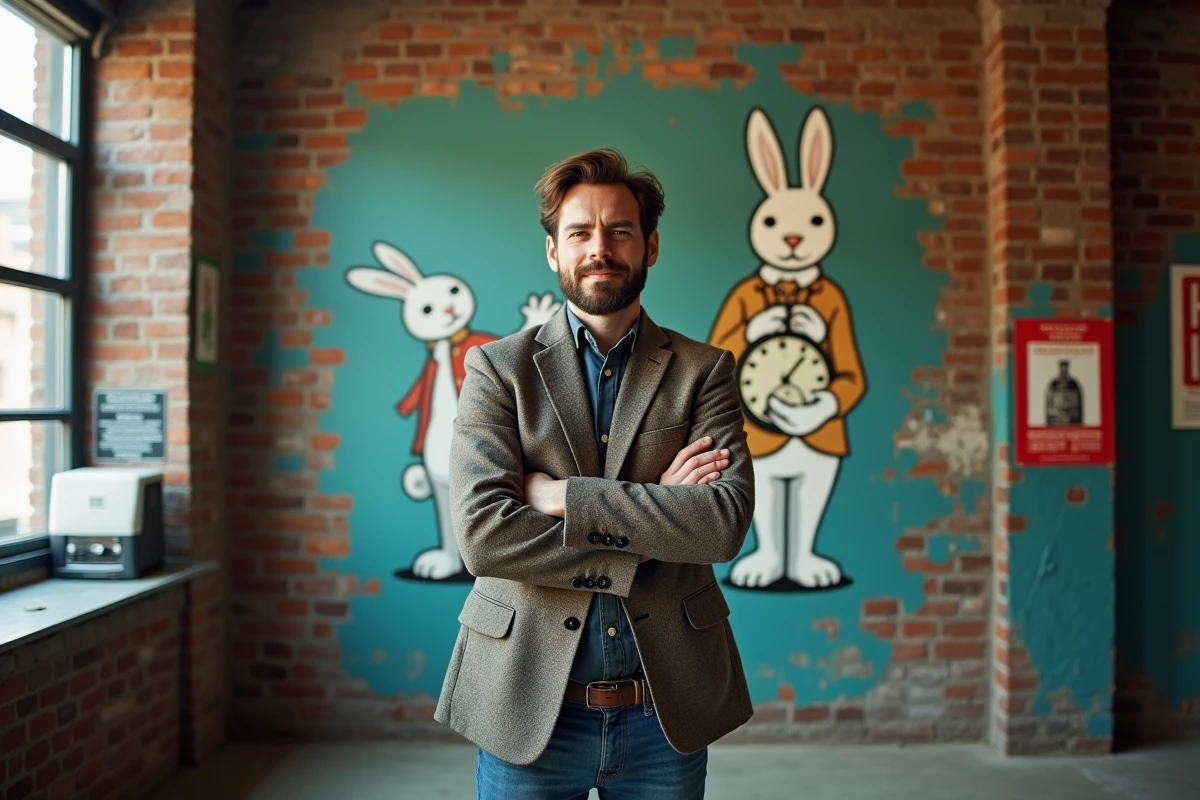 Homme souriant devant une fresque murale représentant le lapin blanc d'Alice au Pays des Merveilles, questionnant la longévité du mème en 2026