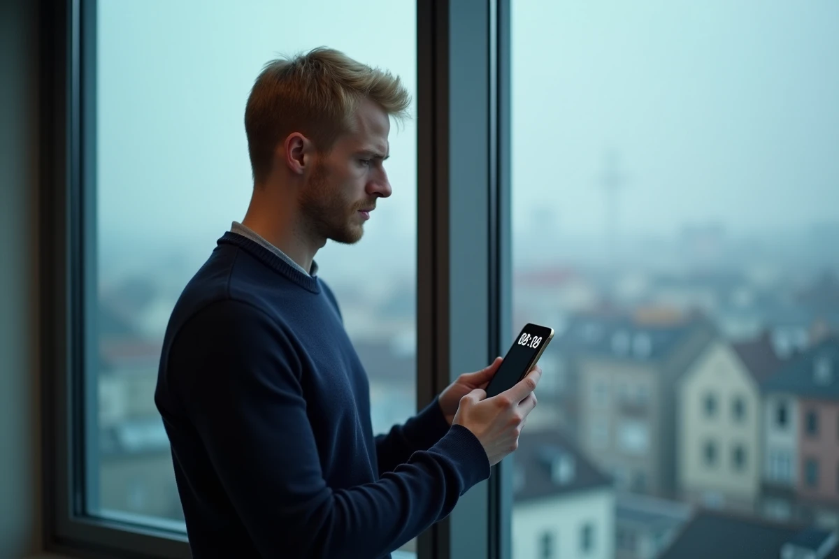 Homme regardant l'heure miroir 08h08 sur son smartphone devant une fenêtre urbaine