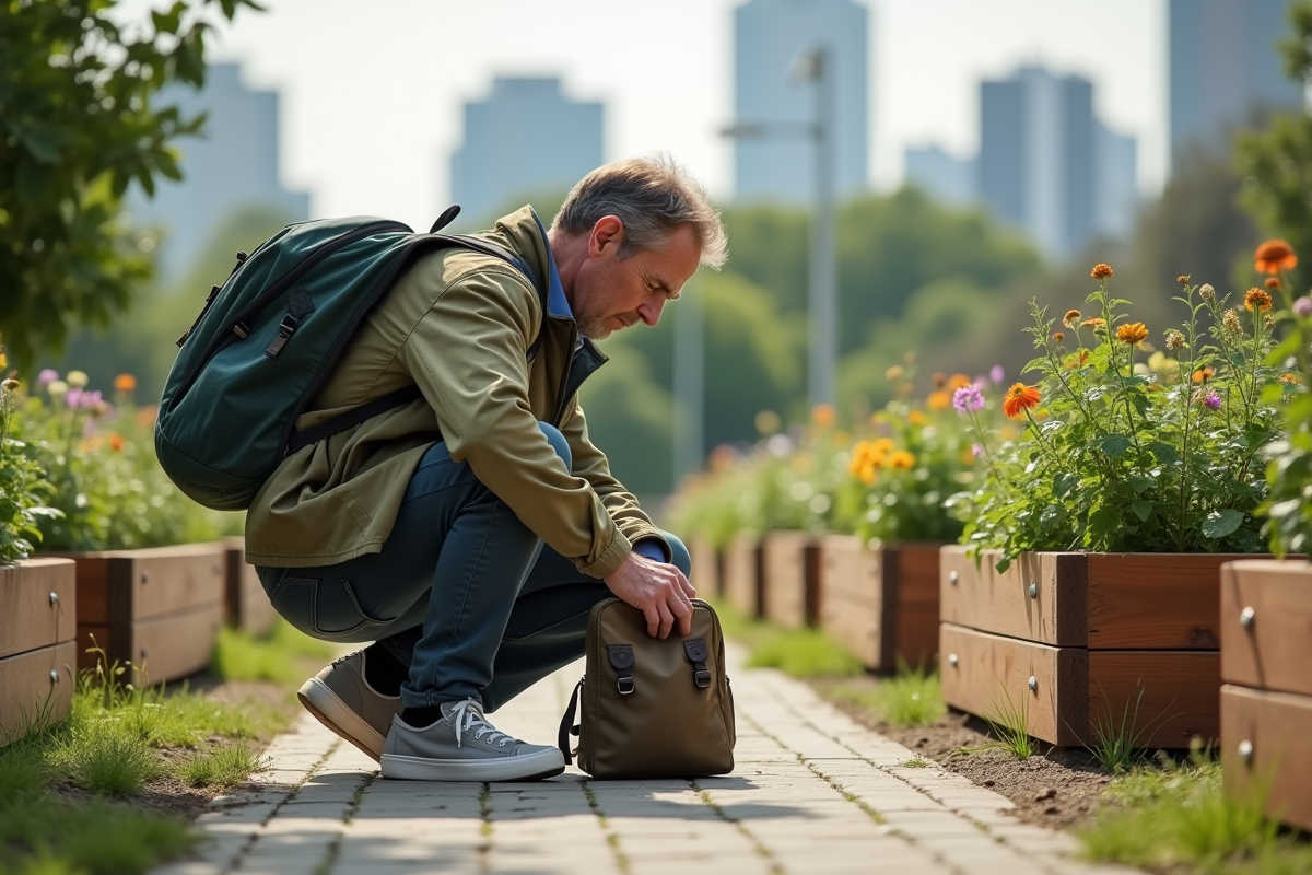 Homme en extérieur près d’un jardin communautaire avec sac à dos écologique