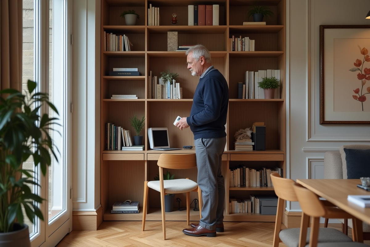 Homme mature arrangeant des livres dans une bibliothèque moderne