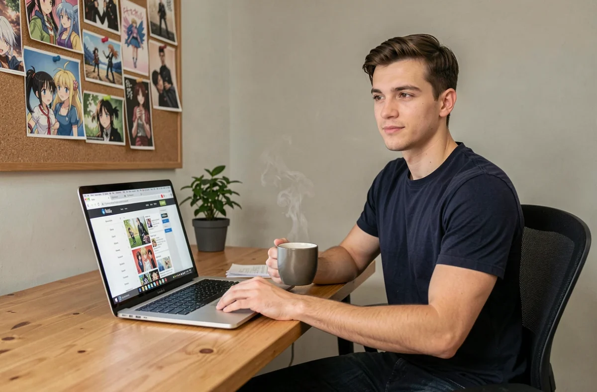 Jeune homme parcourant un site de lecture de manga en ligne sur son ordinateur portable dans un bureau à domicile