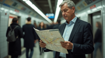 Homme d'âge moyen lisant une carte metro dans une station souterraine