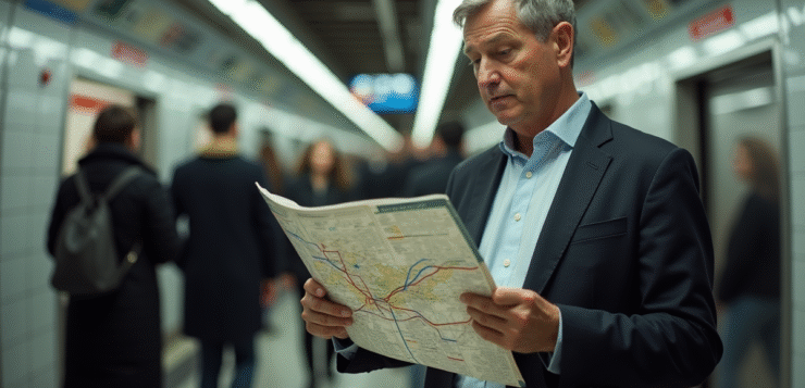 Homme d'âge moyen lisant une carte metro dans une station souterraine