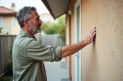 Homme regardant une façade en stucco peinte en pastel