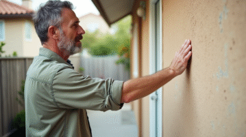 Homme regardant une façade en stucco peinte en pastel