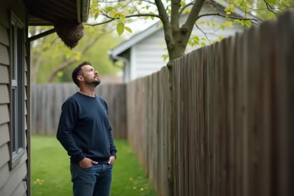 Homme regardant un nid de frelons sous le toit dans un jardin