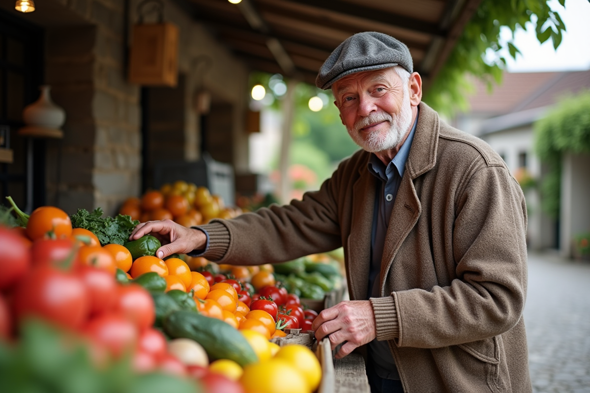 Homme âgé achetant des produits au marché rural