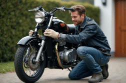 Homme en denim ajustant un miroir sur sa moto Chappy 125