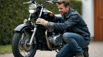 Homme en denim ajustant un miroir sur sa moto Chappy 125