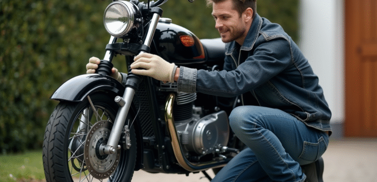 Homme en denim ajustant un miroir sur sa moto Chappy 125