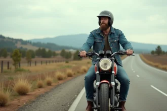 Homme barbu en denim sur une moto classique en campagne