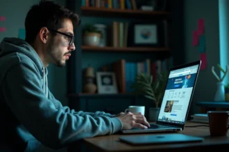 Homme inquiet face à des publicités intrusives et pop-ups suspects sur son ordinateur portable, illustrant les dangers cachés des sites comme Hiperdex