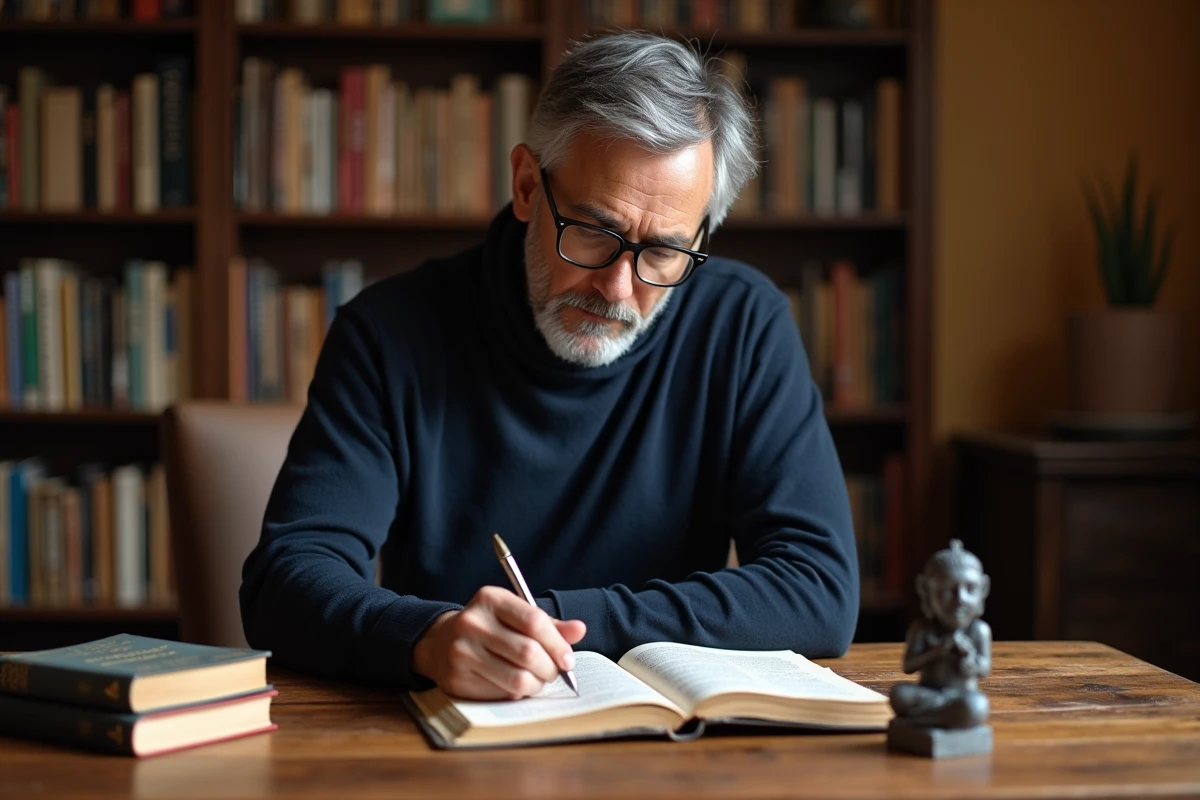 Homme cherchant un synonyme de mantra dans des livres de philosophie et d'étymologie sanskrite