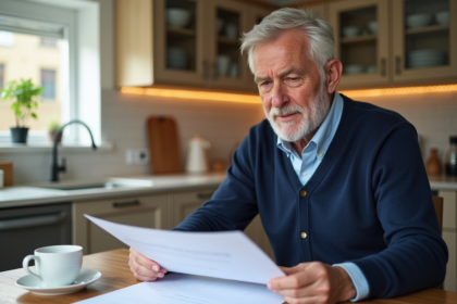 Homme d'âge moyen examine documents de pension dans une cuisine