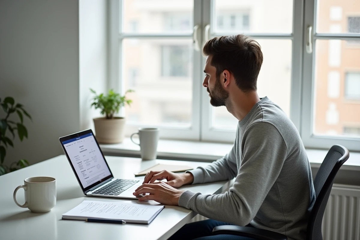 Homme préparant un concours juridique en ligne depuis son bureau à domicile avec une plateforme de formation