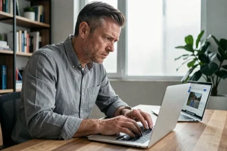Homme scrutant un écran d'ordinateur avec une expression dubitative, symbolisant la méfiance envers une plateforme en ligne en 2026