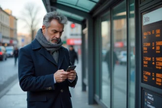 Homme d'âge moyen regardant son smartphone à un arrêt de bus lyonnais