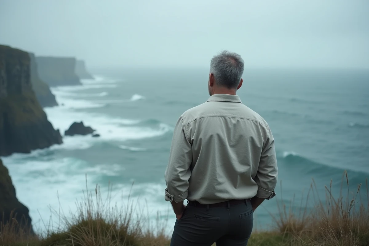 Homme solitaire face à une mer grise et déchaînée sur une falaise, symbolisant le pessimisme et le désenchantement schopenhauerien