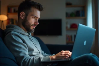 Homme naviguant sur un site de streaming de films sur son ordinateur portable dans un salon moderne