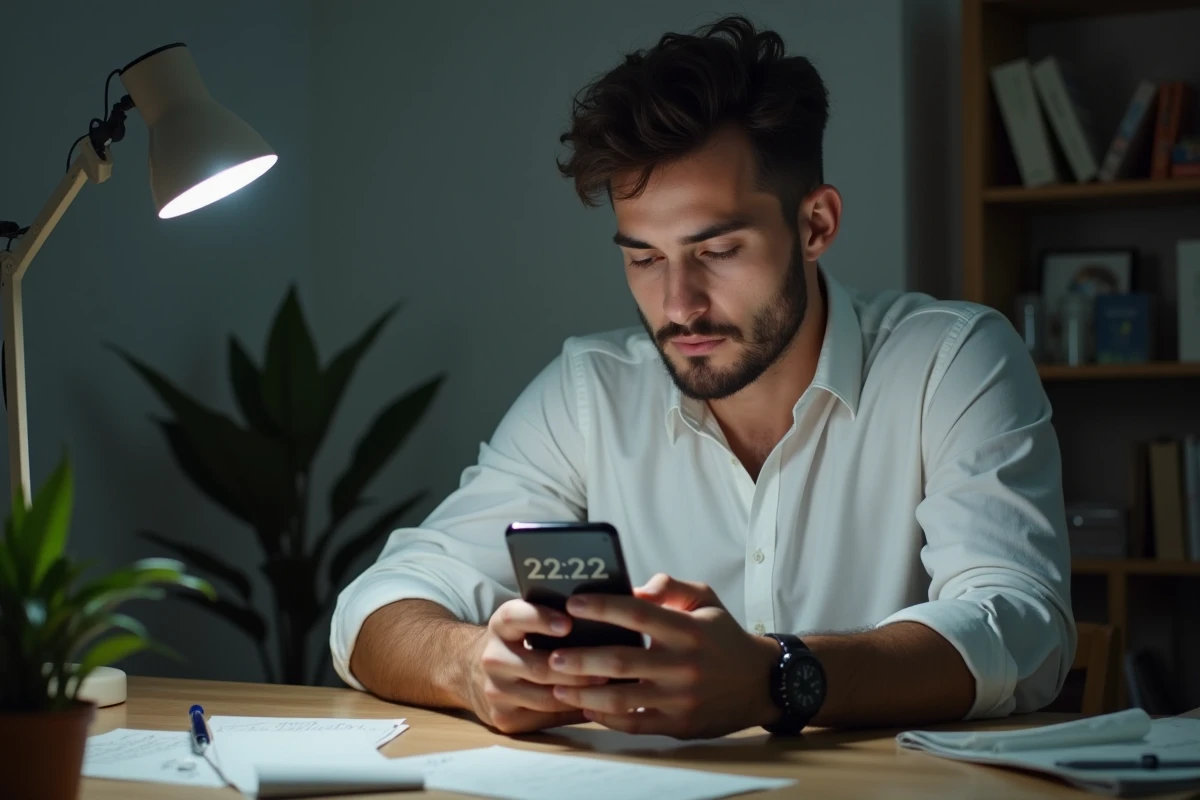 Homme contemplatif regardant son téléphone affichant 22h22 la nuit, évoquant la connexion spirituelle avec sa flamme jumelle en période de séparation