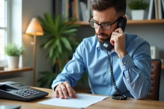 Homme d'âge moyen utilisant un téléphone au bureau