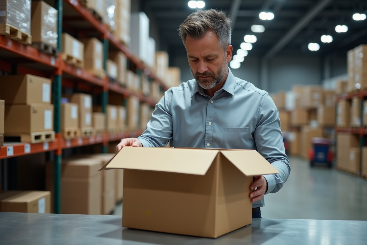 Homme inspectant un colis dans un entrepôt industriel