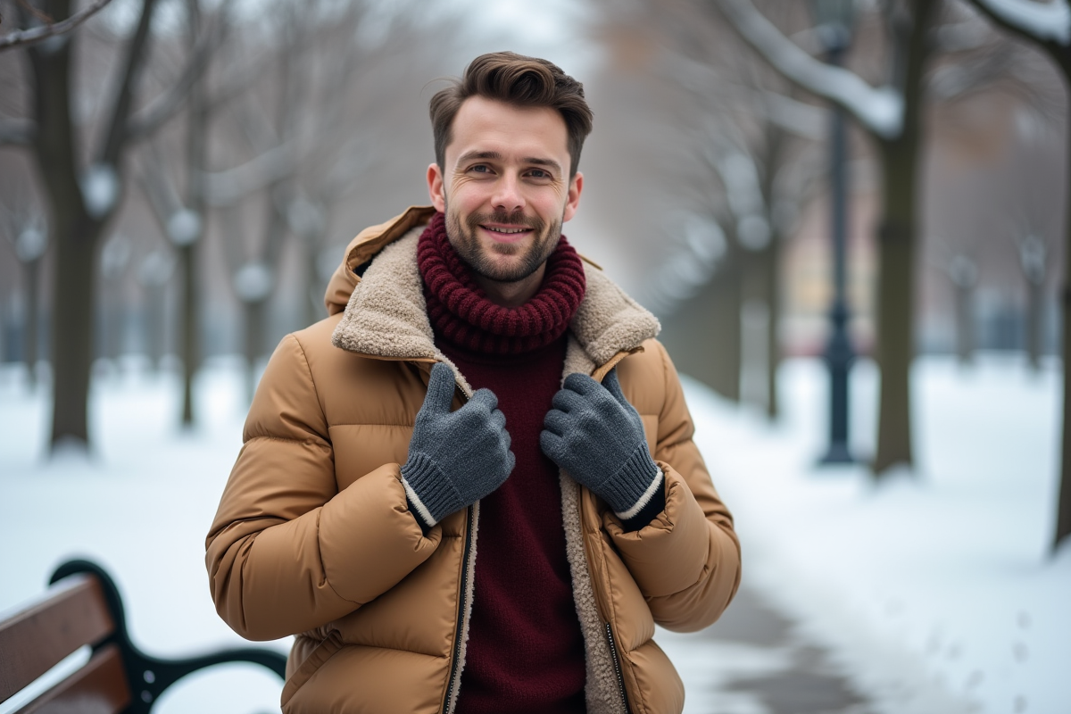 Homme en manteau doudoune dans un parc enneige
