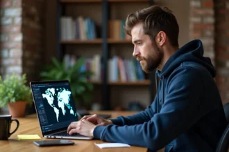 Homme utilisant un VPN sur un ordinateur portable dans un bureau à domicile pour accéder à des sites sans restriction