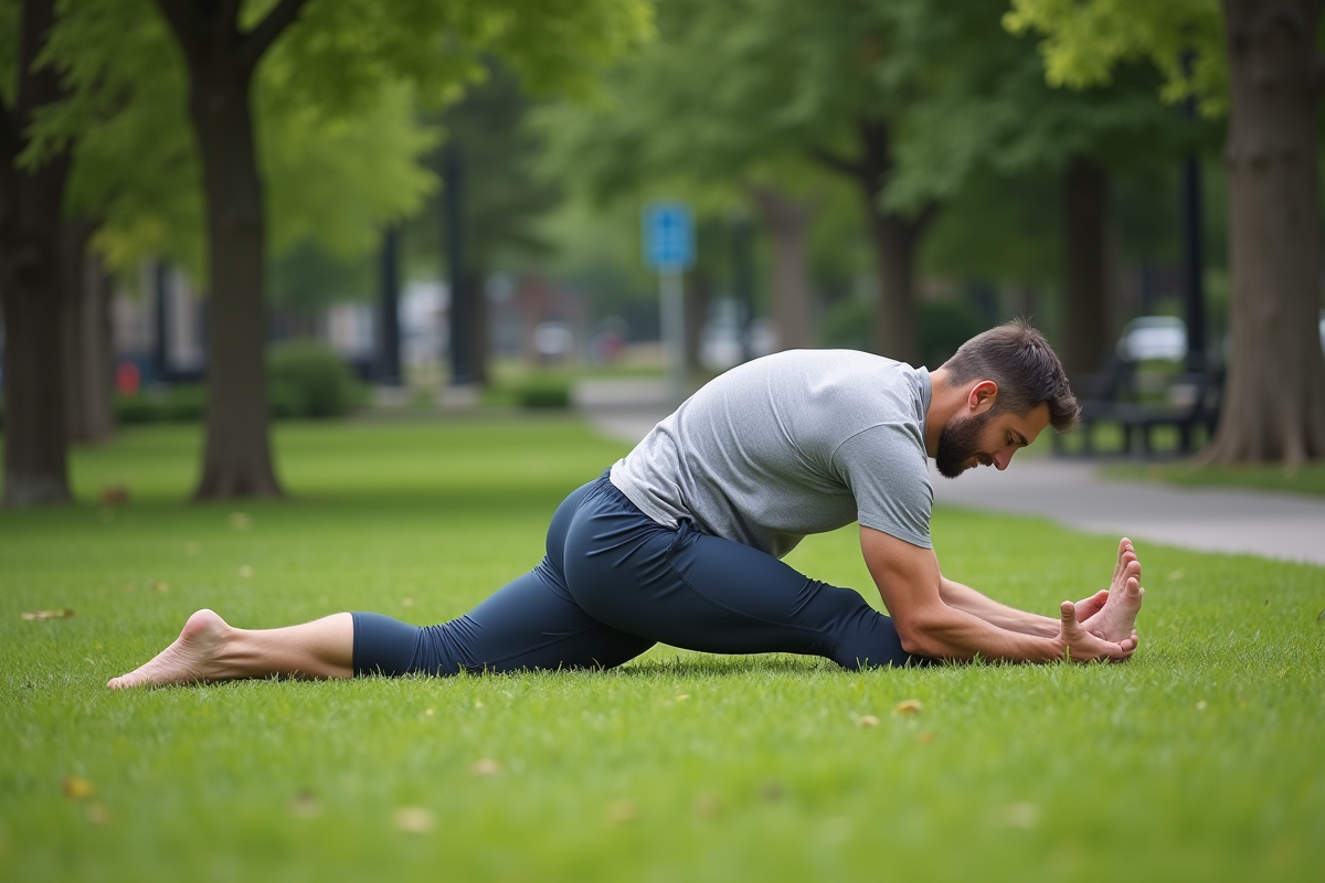 Homme en posture de yoga en extérieur dans un parc