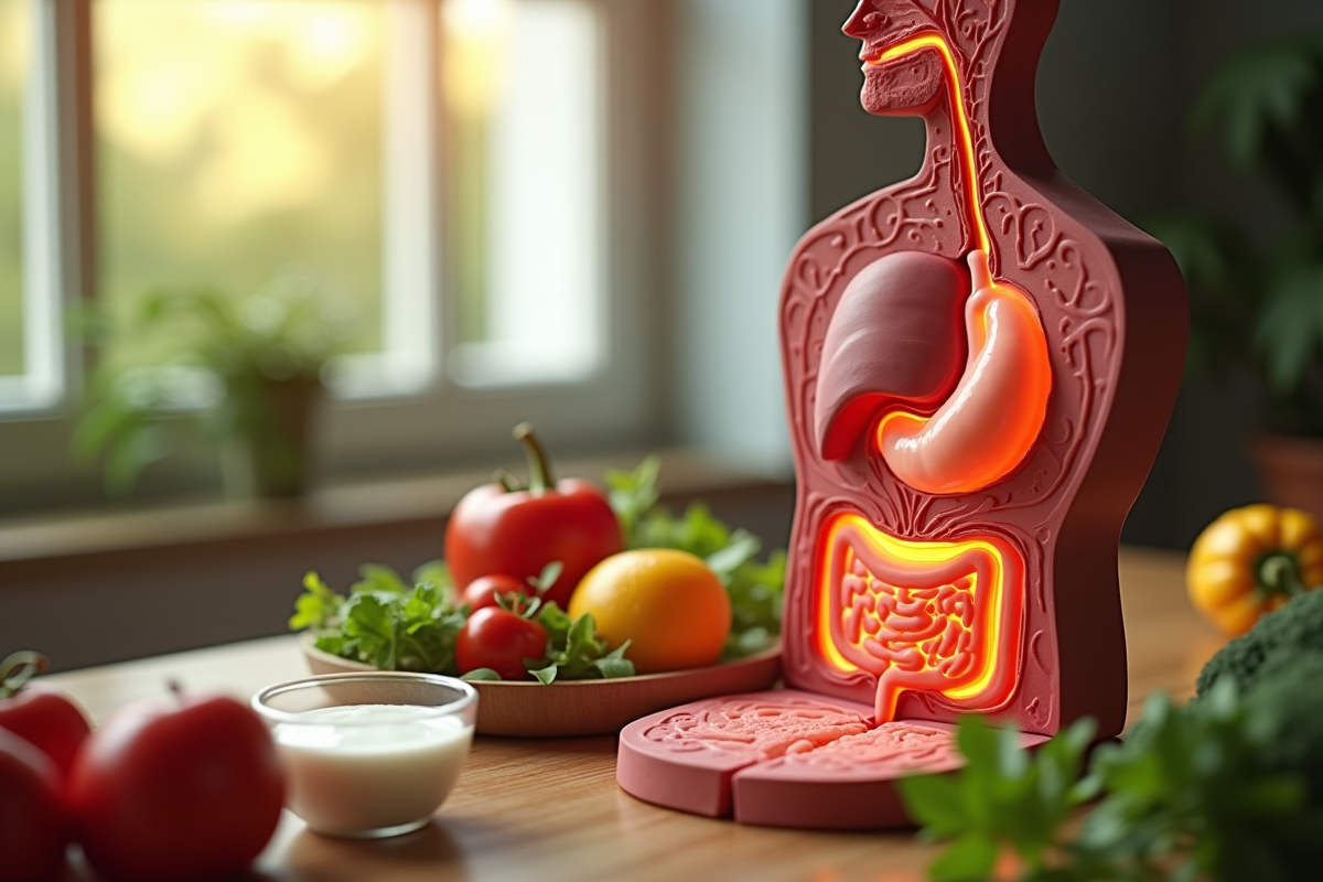 Schéma du système digestif avec légumes et yaourt sur une table en bois
