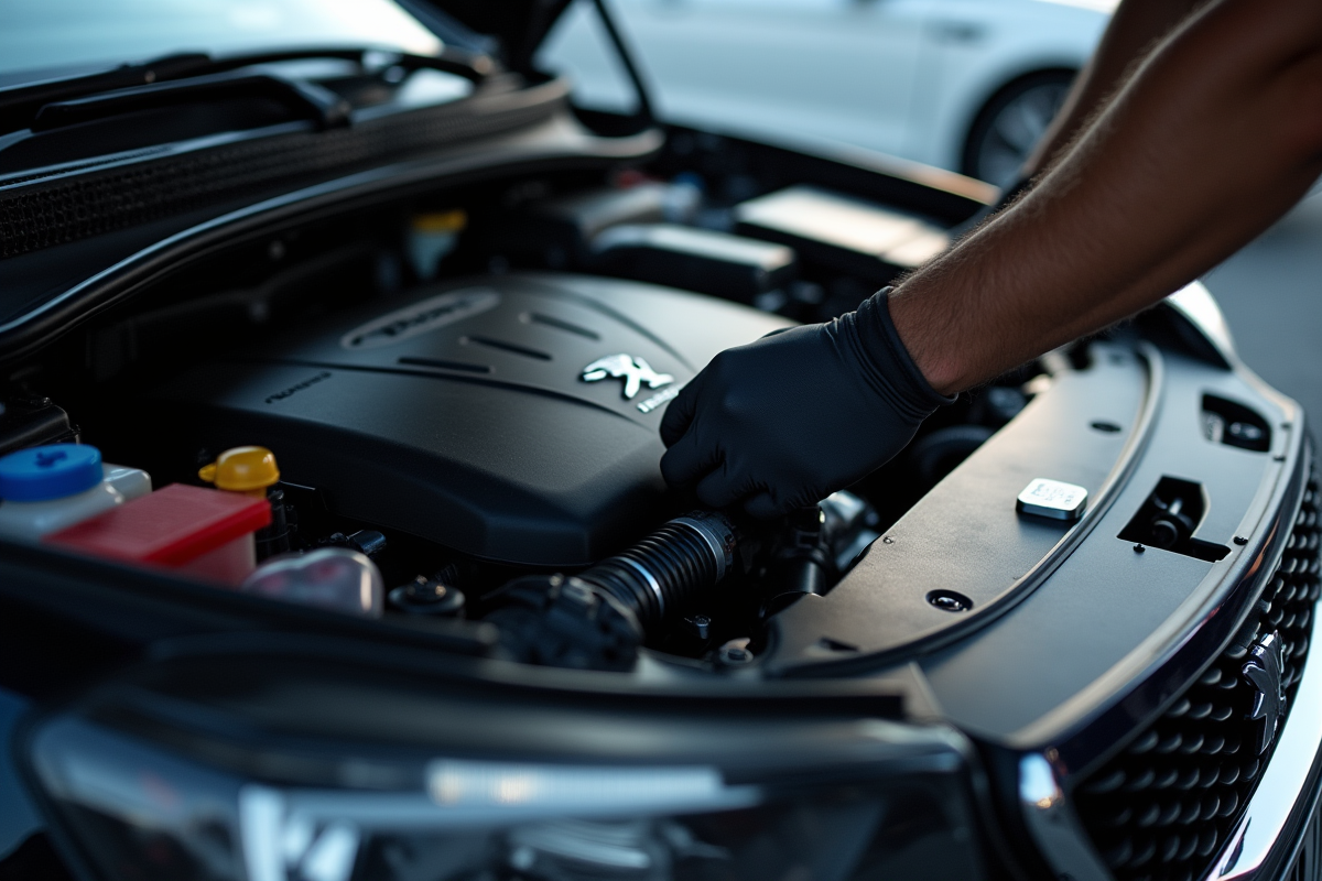 Inspection du compartiment moteur d une Peugeot 308 GT par une personne en gants