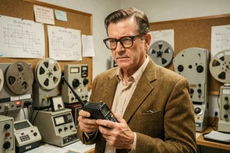Ingénieur des années 1970 tenant un prototype de téléphone portable dans un laboratoire de recherche vintage, évoquant l'invention du premier téléphone mobile