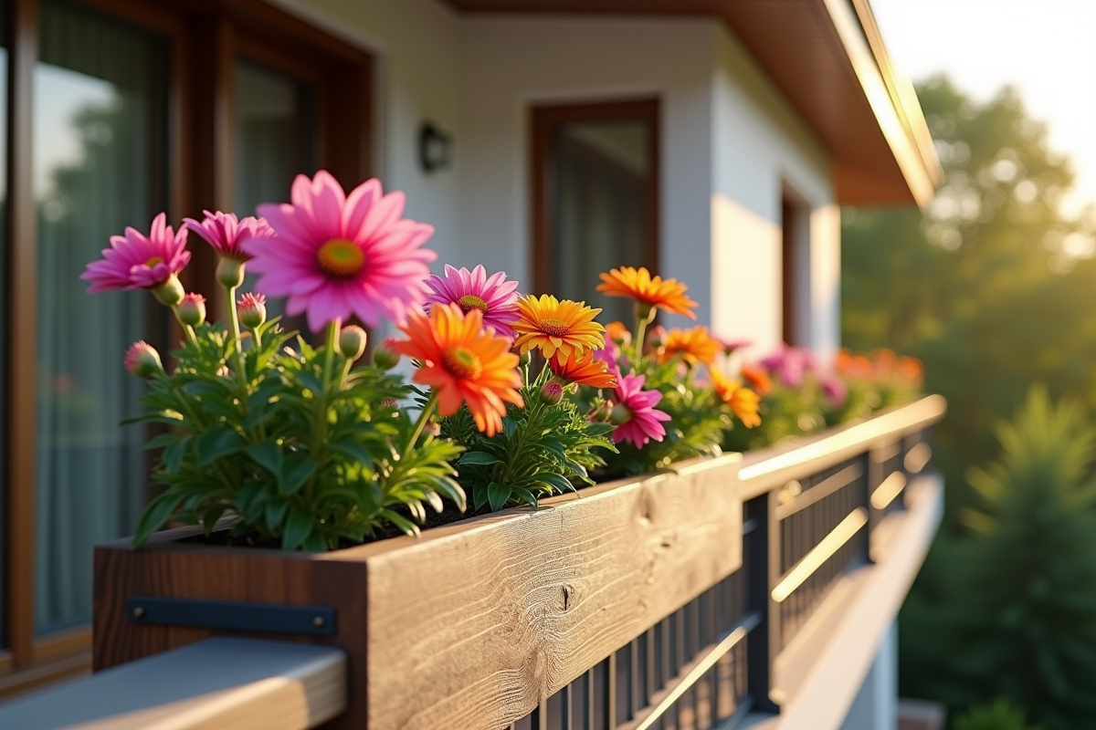 Boîte à fleurs en bois avec fleurs colorées sur un balcon ensoleillé