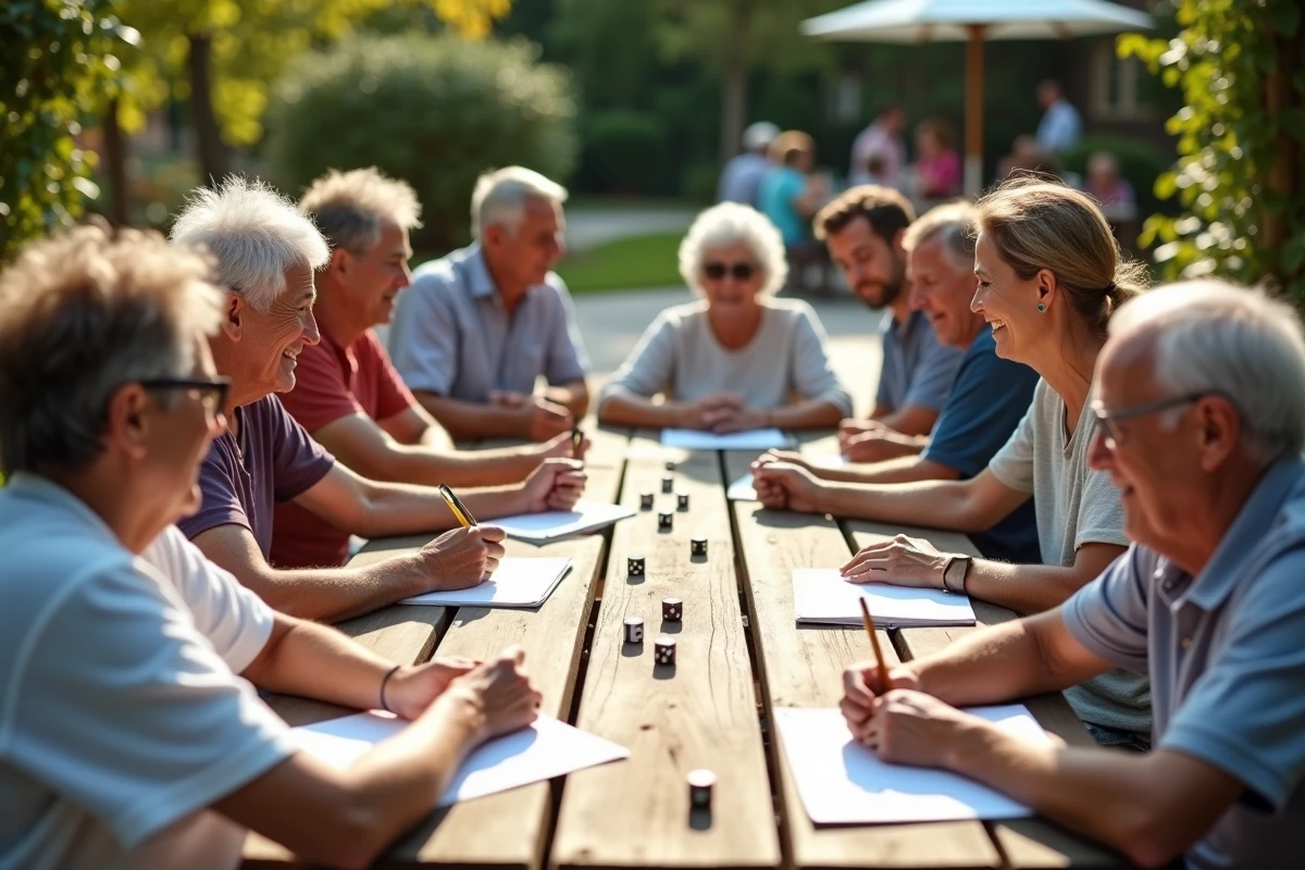 Seniors et jeunes jouant aux dés dans un jardin en plein air