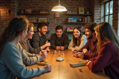 Groupe d'adultes et adolescents jouant aux dés dans une salle chaleureuse